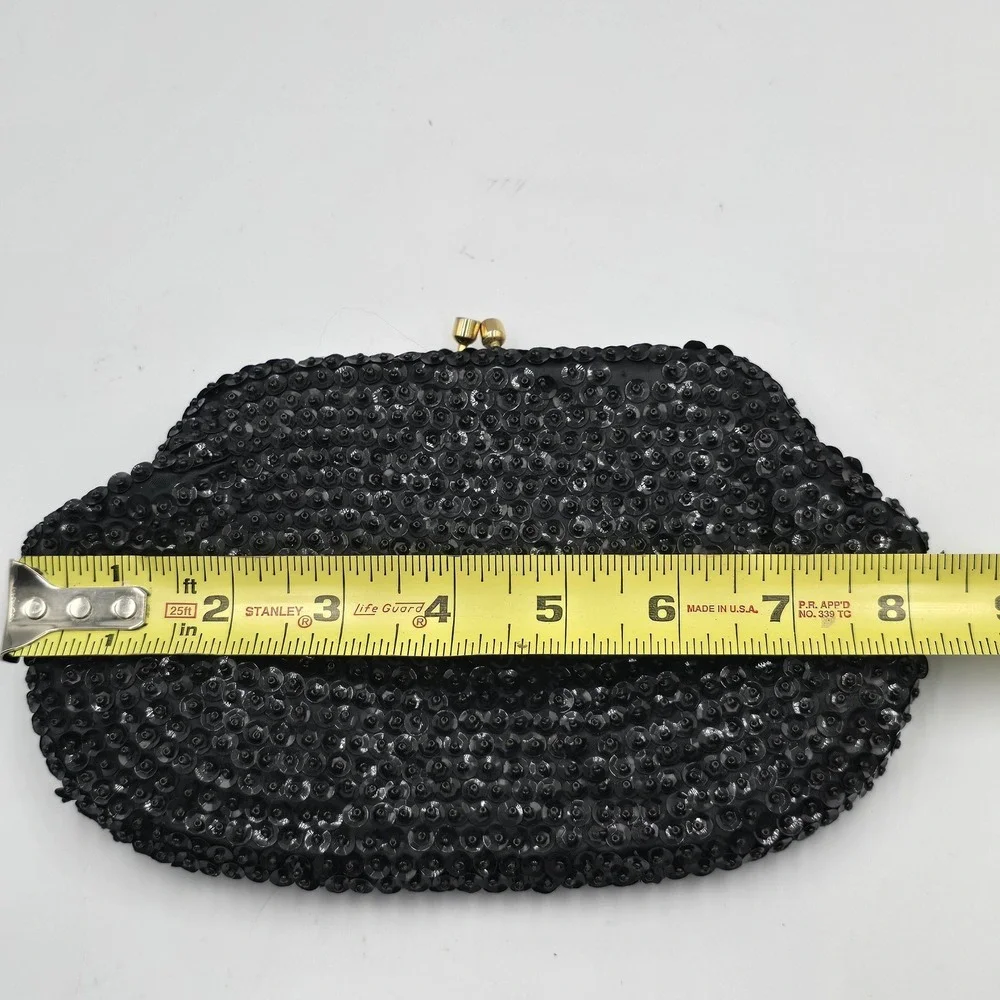 By Simon Ernest Blum Vintage Evening Clutch Purse Black Beaded Sequin Kiss Lock